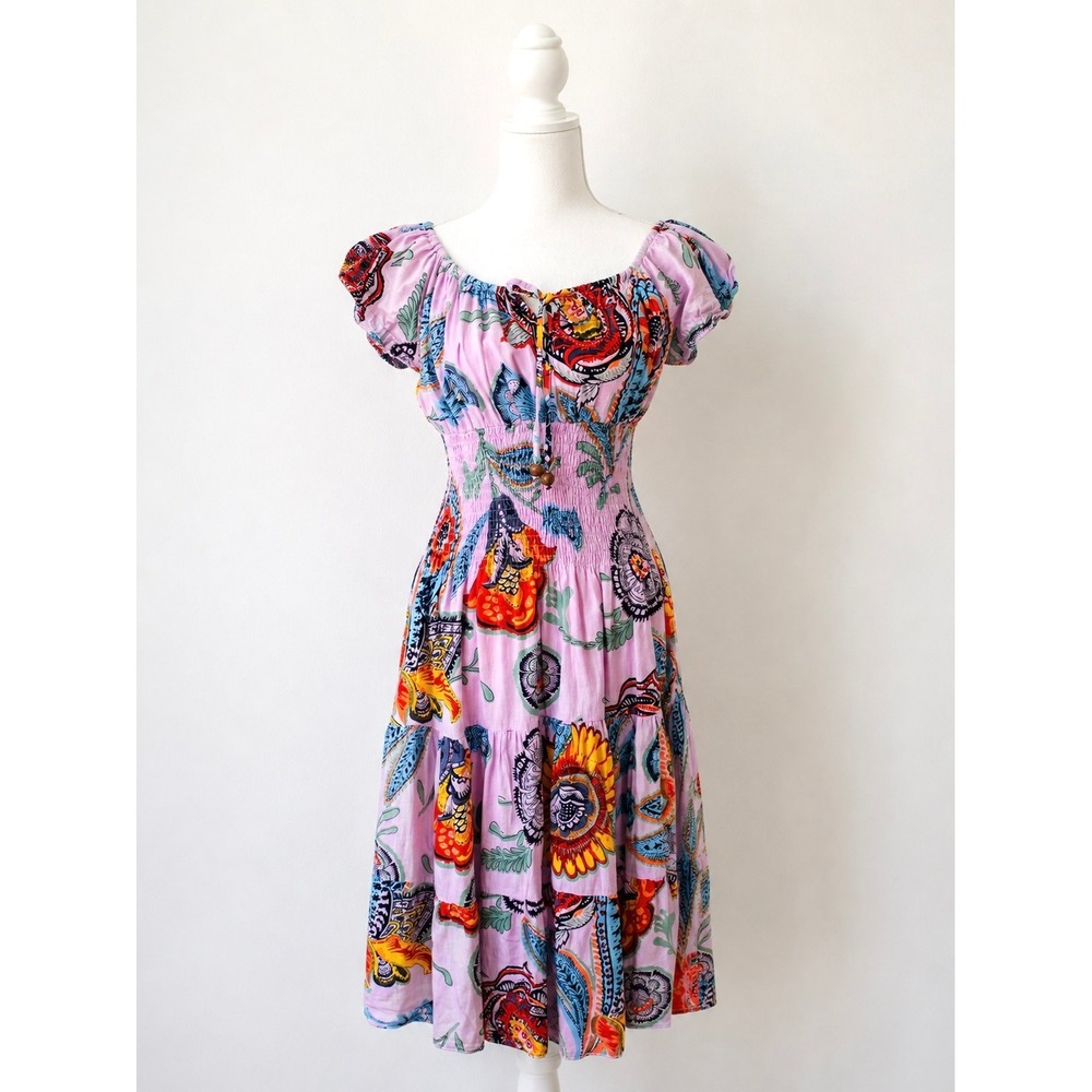 Sol Cotton Floral Paisley Smocked Waist Midi Sun Dress Pink Coquette Boho Resort